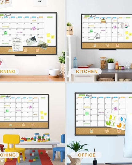 JILoffice Magnetic Calendar Whiteboard & Bulletin Corkboard Combination, Combo Board 36 x 24 Inch, Black Aluminum Frame Wall Mounted Board for Office Home and School with 10 Push Pins