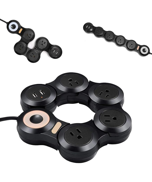 Deformation Power Cord for Large Plug Charger Socket -Flat Plug Power Strip with 2 USB Ports and 4 Multi Outlets, with 6.5FT Extension Cord