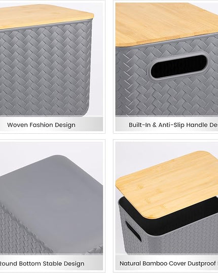 4 Packs Storage Bins with Bamboo Lids - Plastic Storage Containers with Lids Stackable Storage Box：Storage Baskets for Organizing Desktop Closet Playroom Classroom Office,Gray