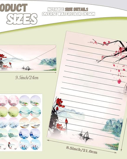 TaoBary 160 Pcs Stationery Paper Set 50 Double Sided Stationery Papers with 50 Matching Envelopes and 60 Round Dot Sticker, 10 Design(Ink Painting,8.5 x 11 Inch)