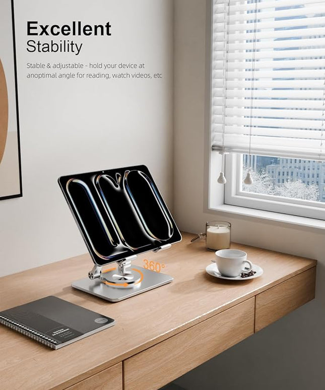 Tablet Stand Holder with Thickened 360°Rotating Base Dual Rod Adjustable Aluminum Stand for All 5.8-12.9” iPad Samsung Phone Tablet Kindle E-Reader and More, Silver