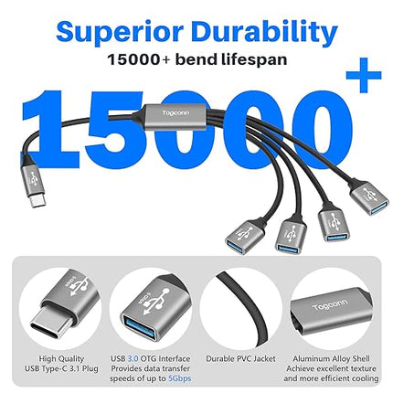 USB C 3.1 Splitter 1-in-4 Out Y-Adapter Cable 2 Feet, 5Gbps USB Type-C 3.1 Male to 4 Four USB-A 3.0 5Gbps Female Multi-Port Extender Connector Hub, Data Charger Power Splitter for iPhone 17/16 Series