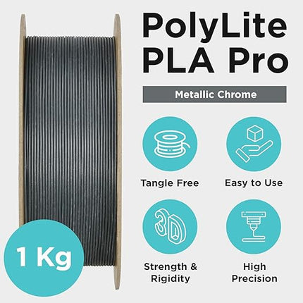 Polymaker PLA PRO Filament 1.75mm 1kg, Tough & High Rigidity Metallic Chrome 3D Printing Filament, PolyLite PLA PRO 3D Printer Filament 1.75mm, Print with Most 3D Printers
