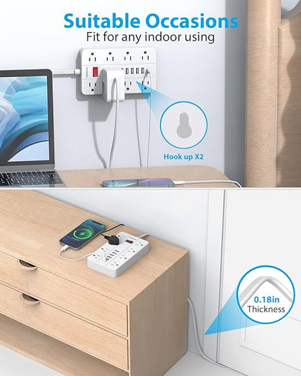 Flat Plug Extension Cord 15 Ft, SMNICE Surge Protector Power Strip with 8 Widely Spaced Outlets and 6 USB(1USB C) Ports, Wall Mount Long Charging Station for Dorm Home, Office Accessories, White