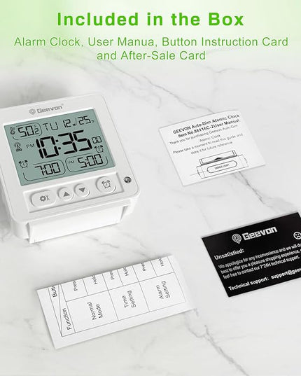 Geevon Small Digital Alarm Clock for Heavy Sleepers, Portable Travel Atomic Clock with Battery Powered, Compact Desk Table Clock with Auto Light Night, Dual Alarms, 8s Backlight for Bedroom, White