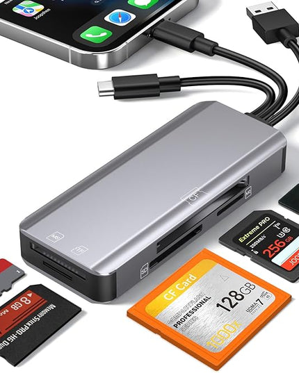 5-in-1 Multi Memory Card Reader,Aluminum SD/TF/CF/MS/M2/Cfast/Memory Stick Pro Duo/Micro SD Card Reader Adapter for i-Phone/i-Pad USB C and USB A Devices,No Application Required Plug and Play