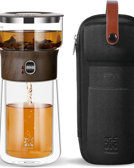 ZENS Modern Glass Infuser Teapot, One Touch Tea Maker for Loose Leaf Tea with Insulated Mug and Portable Case. Enchanted Pot Alternatives for Tea Lover Gifts