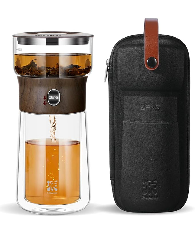 ZENS Modern Glass Infuser Teapot, One Touch Tea Maker for Loose Leaf Tea with Insulated Mug and Portable Case. Enchanted Pot Alternatives for Tea Lover Gifts