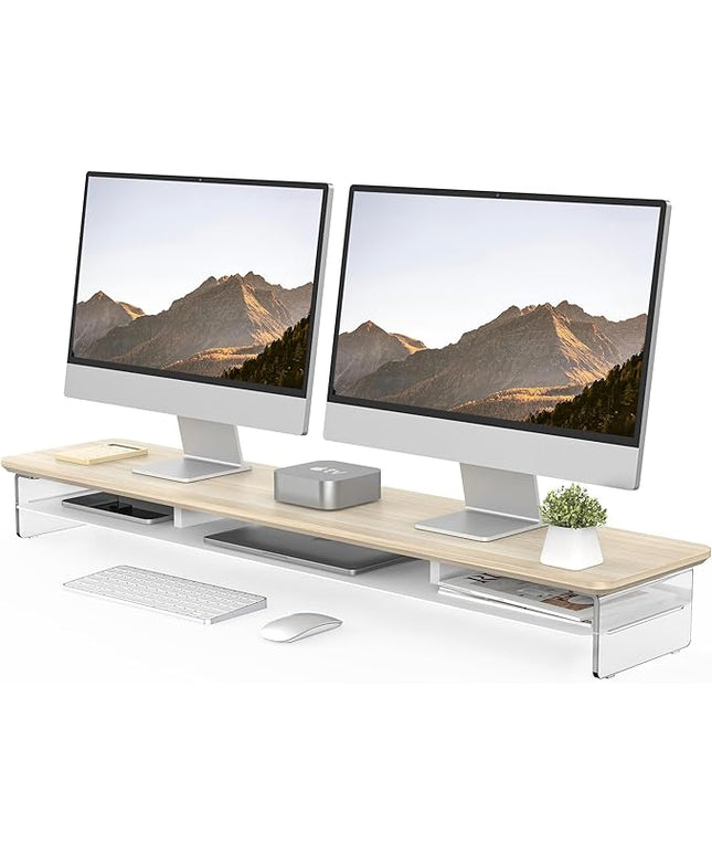 Fenge Acrylic Monitor Stand Riser, 42.5 Inches Dual Monitor Stand with Metal Storage, 2 Tier Acrylic Computer Riser for Desk, Clear Laptop Stand for PC, Laptop, Printer, TV, Oak