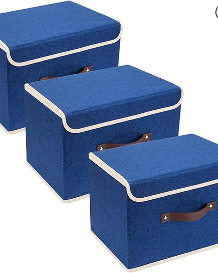 TYEERS Collapsible Storage Boxes, Washable Fabric Storage Bins with Lids, 14.9x9.8x9.8 inches, 3 Pack, Classic Blue