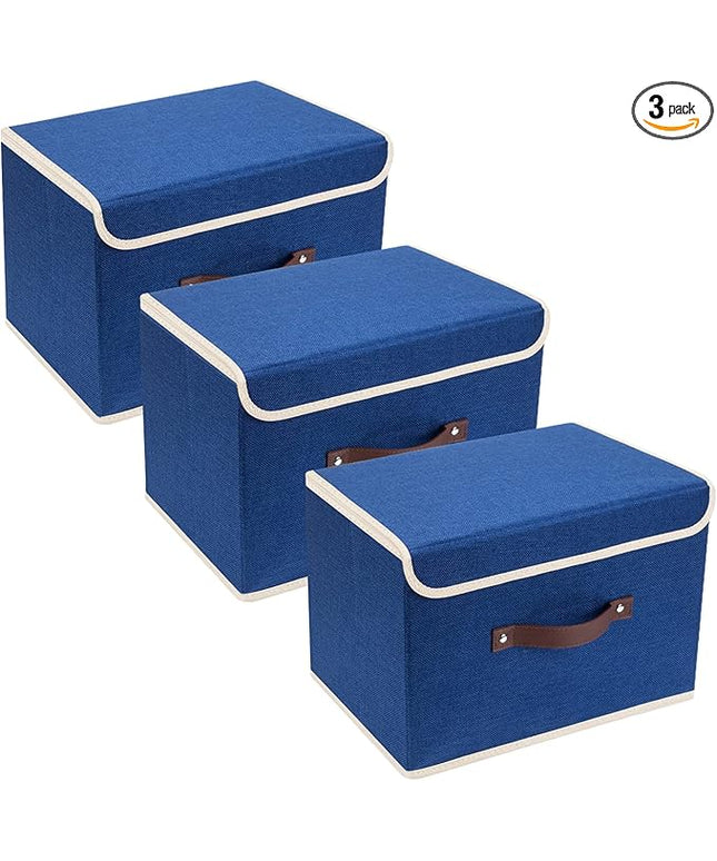 TYEERS Collapsible Storage Boxes, Washable Fabric Storage Bins with Lids, 14.9x9.8x9.8 inches, 3 Pack, Classic Blue