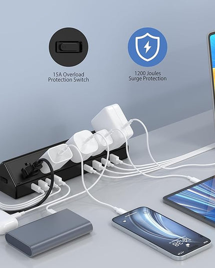 45W Fast Charging Station,Desk Clamp Power Strip,4 PD USB-C Ports,5 AC Outlets,Surge Protector Power Strip, 14AWG Heavy Duty Cord, Fits 1.9" Tabletop Edge (Black, 15 FT Cable)