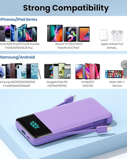 Portable Charger for iPhone with Built in Cables and Wall Plug,Upgraded 13800mAh Fast Charging USB C Power Bank,4 Outputs Travel Essential Battery Pack Compatible with iPhone 15/14/13,Samsung-Purple