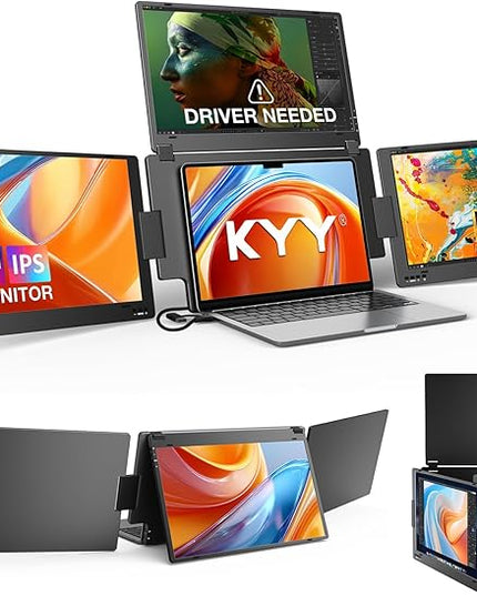 Triple Screen Laptop Monitor Extender, Quad Monitor 15.6” FHD 1080P Portable Triple Monitors, 1 USB-C Connection for 4 Screens, Integrated Aluminum Alloy, Auto Rotation Top Display for 12–17.3” Laptop