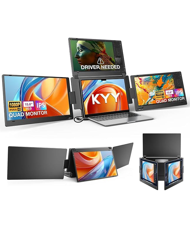 Triple Screen Laptop Monitor Extender, Quad Monitor 15.6” FHD 1080P Portable Triple Monitors, 1 USB-C Connection for 4 Screens, Integrated Aluminum Alloy, Auto Rotation Top Display for 12–17.3” Laptop