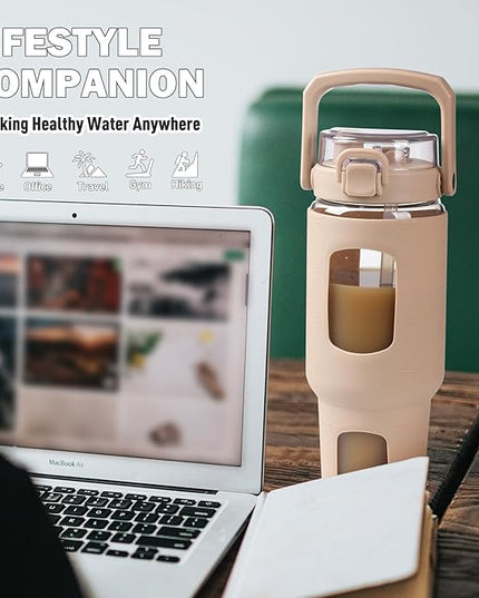 BLUEGO 40oz Glass Tumbler with Lid and Straw, Glass Water Bottles with Handle, Glass Cup with Time Marker and Silicone Sleeve, Fits Most Cup Holder, Leak-proof, Amber