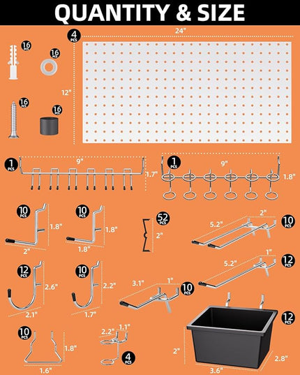 INCLY 158PCS Metal Pegboard Wall Organizer, 48x24 Inch White Pegboard Panels Tool Organizer Kit with Accessories Hooks and Bins, Peg Board Utility Tool Storage for Garage Workbench Shed