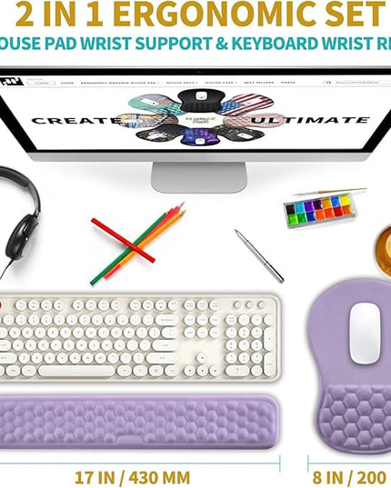 Hokafenle 2 in 1 Ergonomic Mouse Pad Wrist Support & Wrist Rest for Computer Keyboard Set, with Relieve Carpal Tunnel Pain Massage Bulge and Full Memory Gel Design (2In1 Set, Lavender)
