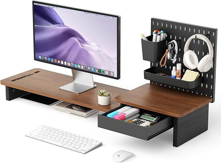 Monitor Stand Riser,Computer Monitor Stand with DIY Pegboard and drawer for Laptop,PC,Computer,Printer,Walnut Finish