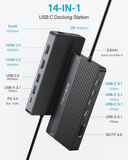 USB C Docking Station Dual Monitor, 14 in 1 USB C Hub, Adapter with 2 HDMI+DP(4K60Hz), Ethernet, 3 USBC 10G,100W PD, SD/TF, Audio, Laptop Docking Station for Dell/HP/Lenovo/ThinkPad/Surface (Black)