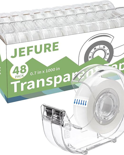 JEFURE Transparent Tape with Dispenser, 0.7 in x 1000 in Clear Tapes and Refillable Dispensers, Office Tape Rolls with Dispenser Bulk for Craft Jobs, Gift Wrapping, Repairing, Home and School (48)