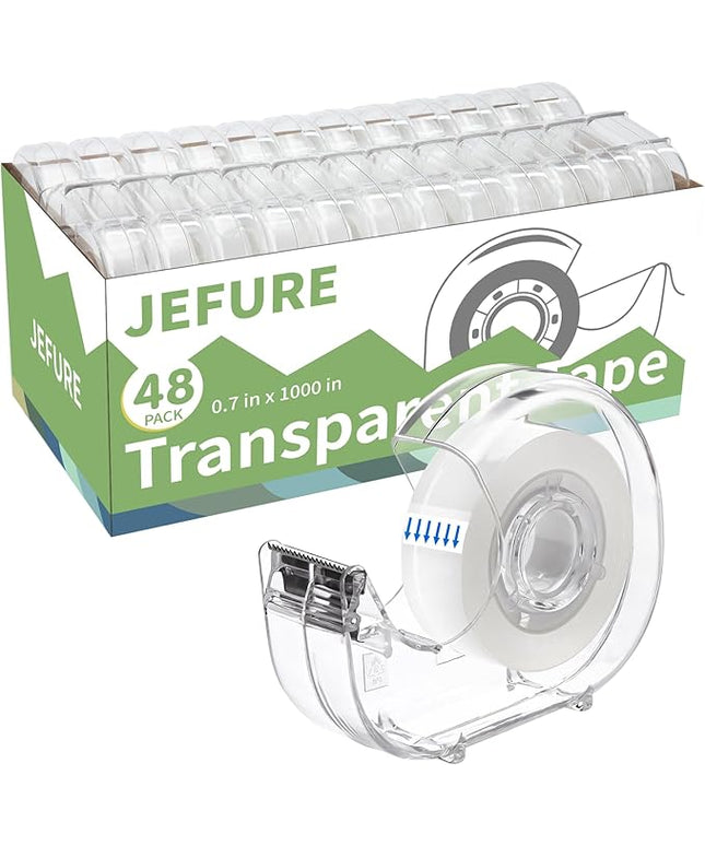 JEFURE Transparent Tape with Dispenser, 0.7 in x 1000 in Clear Tapes and Refillable Dispensers, Office Tape Rolls with Dispenser Bulk for Craft Jobs, Gift Wrapping, Repairing, Home and School (48)