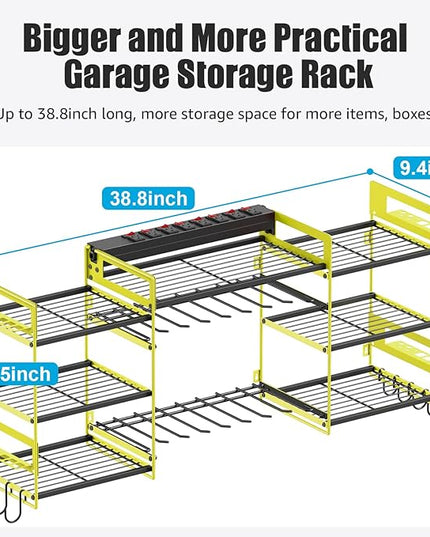 CCCEI Green Power Tool Organizer Wall Mount, Large Tools and Battery Storage Rack Charging Station Individual Switches. Drills Holder, Garage Utility Shelves with 6FT Power Strip. Gift for Men.