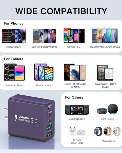 [2Pack] 60W USB C Plug,5-Port Fast Charger Block PD+QC Cube Wall Charging Box Brick for iPhone 17/16/15/14/13 for Samsung Galaxy S25/S24/S23/S22/S21+/S21 Ultra, Magsafe Wireless Charger,(Purple)