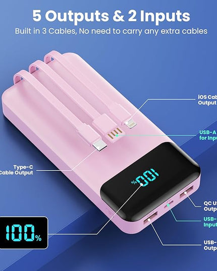 Portable Charger 40800mAh Power Bank with 3 Built-in Cables,PD 25W USB C in&Out Power Bank Fast Phone Charging,QC4.0 5 Output Travel Camping Essential Battery Pack for iPhone 17/16,Samsung etc-Peach