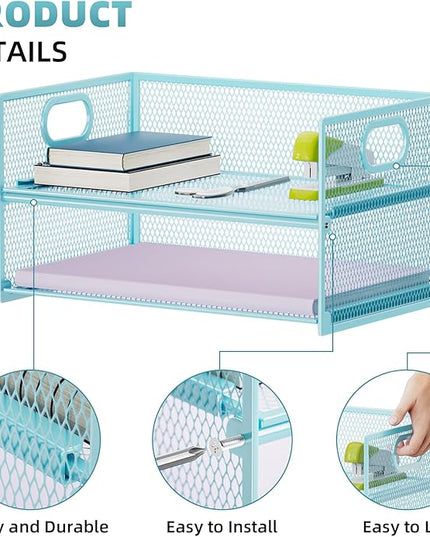 Marbrasse 2 Tier Paper Organizer Letter Tray, Mesh File Organizer with Handle, Paper Sorter Desk Organizer for Home Office Supplies - 2P Blue