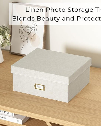 Decorative Photo Storage Box - Linen Photo Box Organizer with Dividers, Fits Holds Up to 1700 Pictures and 4x6 Photos, Memory Keepsake Organizer for Photos, Scrapbook Supplies, Cards, Stamps (Beige)