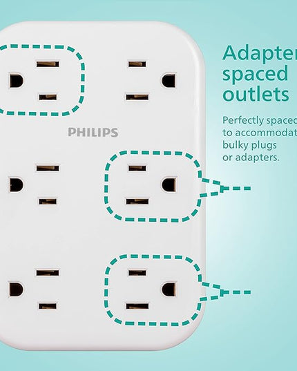 Philips EZFit 6-Outlet Surge Protector Outlet Extender, Wall Tap, Grounded Widely Spaced Outlets, 900 Joules, for Home Office Dorm Essentials, White, SPP6602W/37