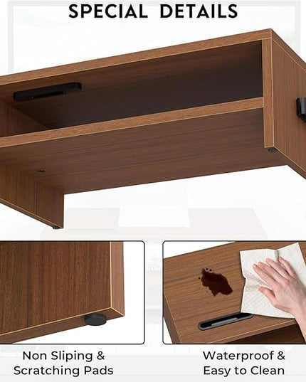 BONTEC Wooden Monitor Stand Riser, 2-Tier Desk Shelf with Storage Organizer, Ergonomic Computer Stand with Cable Management, Cellphone Holder, Walnut, 16.5 Inch