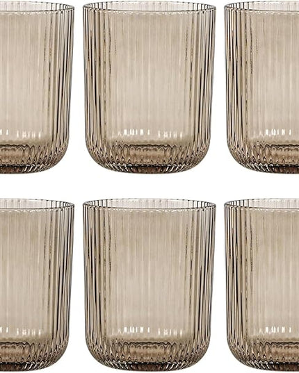 Drinking Glasses, Smoky Gray Highball Glasses Set of 6, Ribbed Glassware Glass Cups, Water Glasses for Juice, Iced Coffee Cups, Cocktail Glasses - Christmas Gifts - 8.5 oz