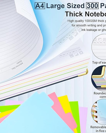 Hardcover Spiral Notebook 8.5"x11" Journal Notebook with Tabs and Removable Dividers 300 Pages 5 Subject Notebook College Ruled, Faux Leather Spiral Bound Notebook for Women School Work(Dark Blue)