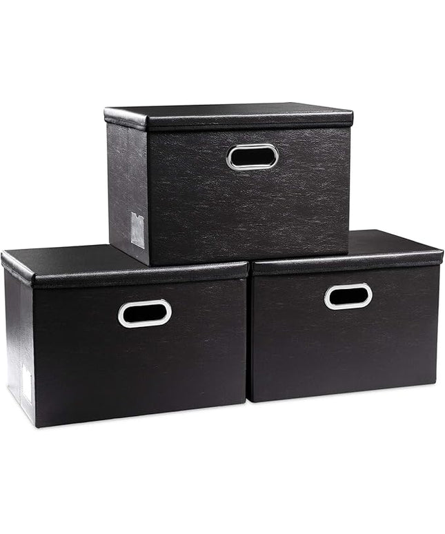 PRANDOM Large Foldable Storage Bins with Lids [3-Pack] Leather Fabric Collapsible Storage Boxes Organizer Containers Baskets Cube with Cover for Home Bedroom Closet Office Black(17.7x11.8x11.8)