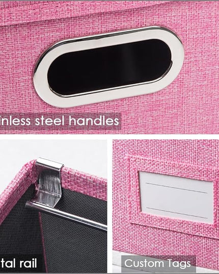 PRANDOM File Organizer Box - Set of 4 Collapsible Decorative Linen Filing Storage Hanging File Folders with Lids Office Cabinet Letter Size Pink (14x9.3x10.8 inch)