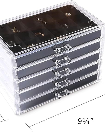 Frebeauty Acrylic Jewelry Organizer Earring Organizer Box with 5 Drawers Earring Holder Organizer with Velvet Trays Clear Jewelry Box for Women Earring Display for Rings Studs(Black)