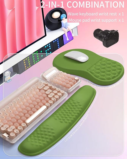 Hokafenle 2in1 Combination, Wave Keyboard Wrist Rest and Ergonomic Curvature Mouse Pad Wrist Support for Relieve Wrist Pain, Filled with Soft Cushion Memory Foam, Dill Green