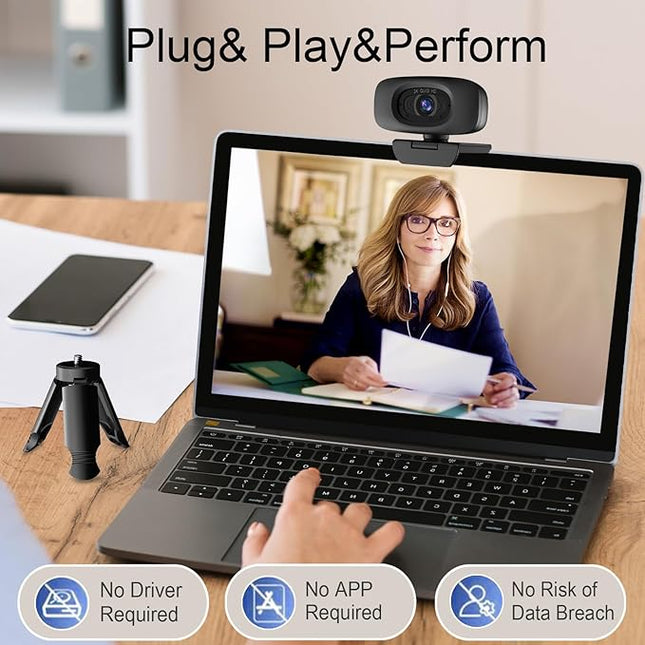 Webcam for PC,Full HD 2K Webcam with Dual Noise Cancelling Microphones, Privacy Cover and Tripod for Web Auto Focus,Camera for Desktop Computer/Zoom/Skype/Team/Laptop