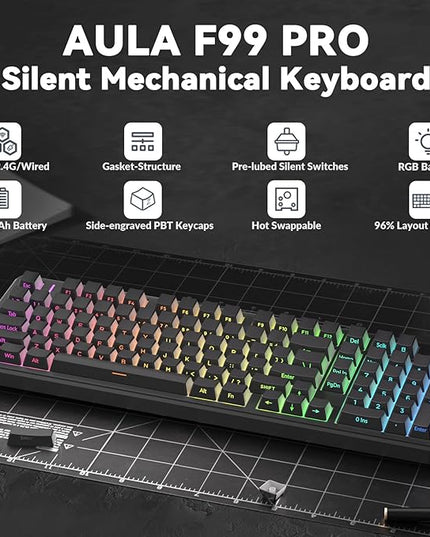 AULA F99 Pro Wireless Mechanical Keyboard-Silent Version,BT5.0/2.4GHz/USB-C Hot Swappable Custom Keyboard,Gasket Structure,Pre-lubed Linear Switches RGB Backlit Computer Gaming Keyboards,Black