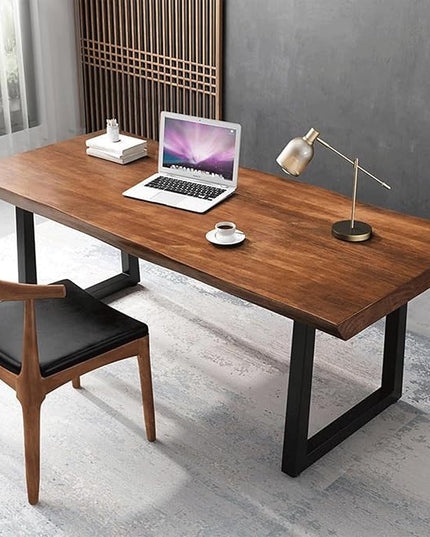 Modern Minimalist Solid Wood Office Desk with Metal Base Easy to Assemble Durable Writing Table Dining Table Computer Desk Multiple Ideal for Living Room and Dining Room (55inch)