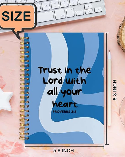 Abstract Blue Christian Spiral Journal Notebook 5.5x8.3in, Trust in the Lord with All Your Heart Bible Journal, Inspirational Religious Notebooks for Note Taking, Hardcover Notebook