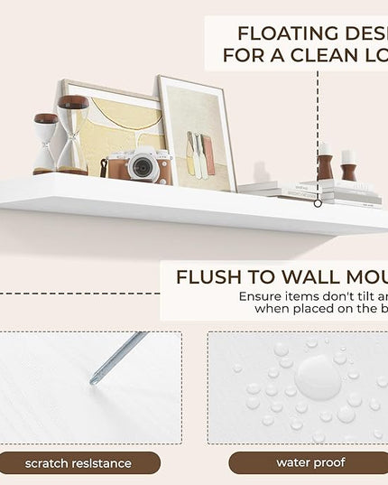 RICHFOCUS 55Inch Floating Shelves for Wall 1 Pack Shelves for Bedroom|Kitchen|Bathroom Wall Mounted Rustic Wood Floating Shelf with Invisible Brackets for Books|Storage|Decor, White