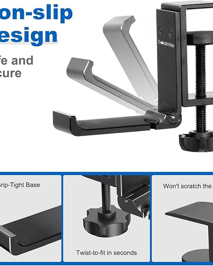 Goldmille 2 Pack Aluminum Headphone Stand Hanger Foldable with Cable Clip - Headset Holder Clamp Hook Under Desk, Save Your Space While Working & Gaming