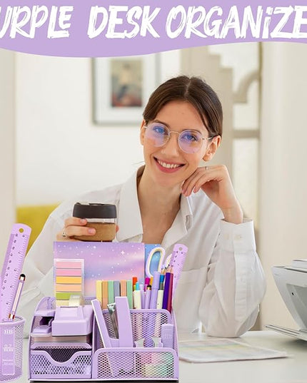 Purple Desk Accessories, 17Pcs Purple Office Supplies Set with Stapler, Mesh Desk Organizer, Tape Dispenser, Staple Remover, Pen Holder, Clips, Pens, Ruler, for Office Home School Women Students Gift
