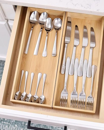 Fabsome Kitchen Utensil Drawer Organizer, Bamboo Silverware Cutlery Flatware Organizer Bins, Wooden Container Storage Trays for Bathroom Vanity Junk Drawer, 15" x 6" Set of 2