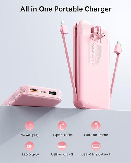 12000mAh Ultra-Portable-Charger-Power-Bank with Built in Cables&AC Wall Plug,PD20W USB-C Fast Charging Cell Phone Charger Battery Pack,LED Display Travel Battery Bank for All iPhone,Samsung,Android