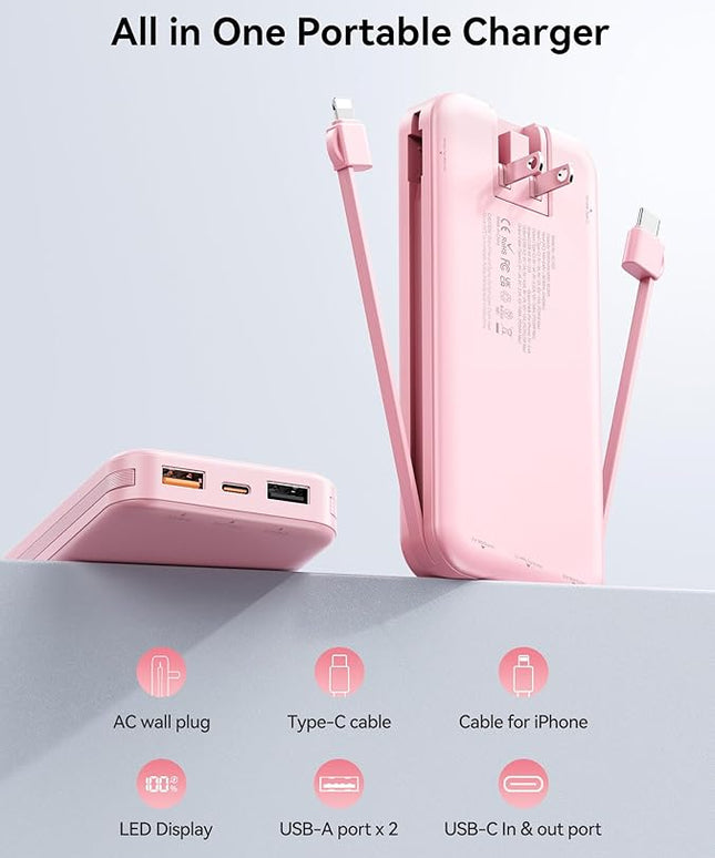 12000mAh Ultra-Portable-Charger-Power-Bank with Built in Cables&AC Wall Plug,PD20W USB-C Fast Charging Cell Phone Charger Battery Pack,LED Display Travel Battery Bank for All iPhone,Samsung,Android