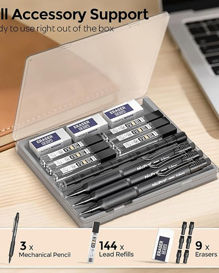 Nicpro HD1000 0.5 mm Art Mechanical Pencil Set in Case, 3 PCS Weatherproof Mechanical Pencils with 6 Tube HB Refills, Eraser, Weatherproof Barrel for Outdoor Writing Marking Drafting Drawing Sketching